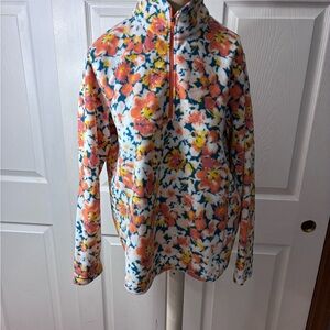 lands end Floral Quarter-Zip Fleece Pullover - White with Coral & Yellow Flowers